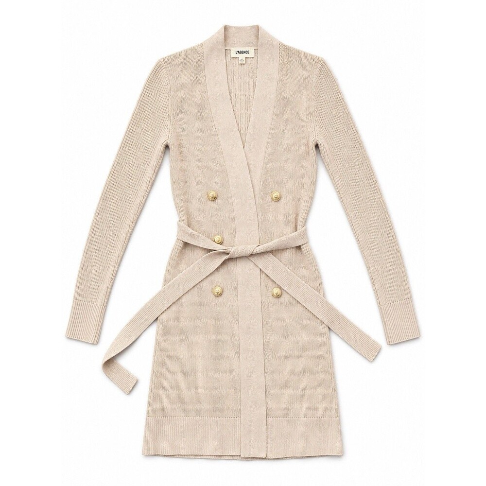 L’AGENCE Noe Pecan Metallic Open Front Belted Cardigan XS Gold Buttons